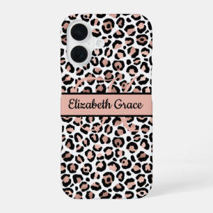 Funda Para iPhone 16 Rosa de Oro y Estampado de Leopardo Negro con Nomb
