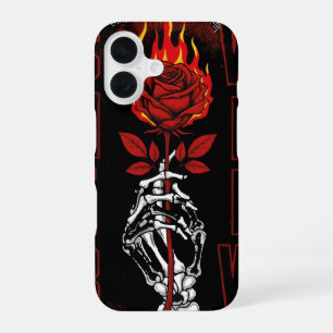 Funda Para iPhone 16 Rosa Roja Flamígera y Mano de Calavera Grunge Urba