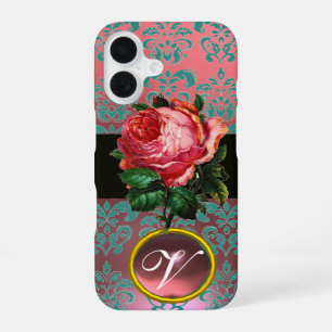 FUNDA PARA iPhone 16 ROSA ROSA PINK AZUL TEAL DAMASK GEM MONOGRAMA
