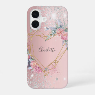Funda Para iPhone 16 Rosa rubor plata brillo floral