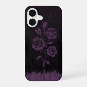 Funda Para iPhone 16 Rosas Grunge Negro Púrpura Monograma Nombre Person
