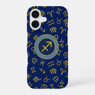 Funda Para iPhone 16 Sagitario Símbolos de Zodíaco+Astrología Ptn Gld+A