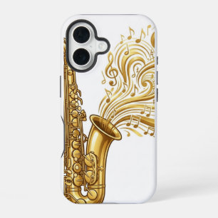 Funda Para iPhone 16 Saxofón Dorado con Notas Musicales Giratorias Fund