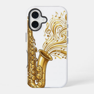 Funda Para iPhone 16 Saxofón Dorado con Notas Musicales Giratorias Fund