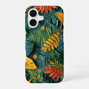 Funda Para iPhone 16 Selva tropical profunda de papel verde y Naranja