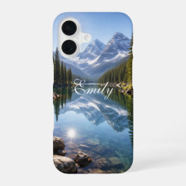 Funda Para iPhone 16 Serene Mountain Lake Landscape Personalized Name 