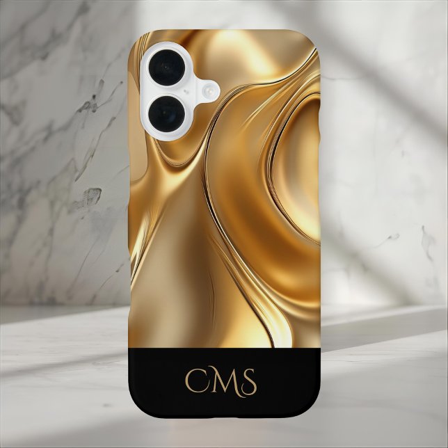 Funda Para iPhone 16 Shiny Gold Abstract Sleek Black Monogrammed (Subido por el creador)