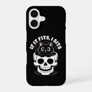 Funda Para iPhone 16 Si cabe, me siento Calavera de gato negro Meme min