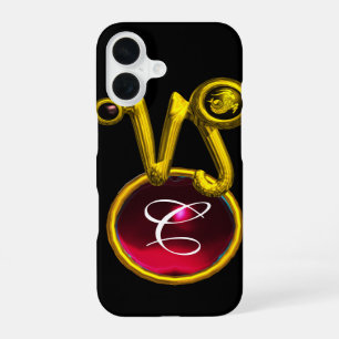 FUNDA PARA iPhone 16 SIGNO ZODIACAL CAPRICORNIO ORO RUBÍ ROJO MONOGRAMA