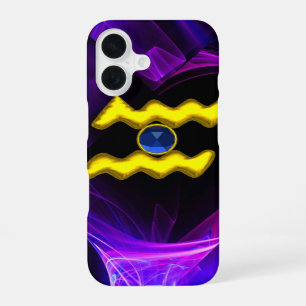 FUNDA PARA iPhone 16 SIGNO ZODIACAL DE ACUARIO ORO FRACTALES AZUL PÚRPU