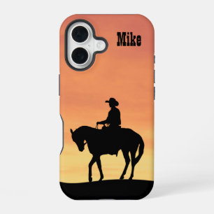 Funda Para iPhone 16 Silhouette Cowboy al atardecer