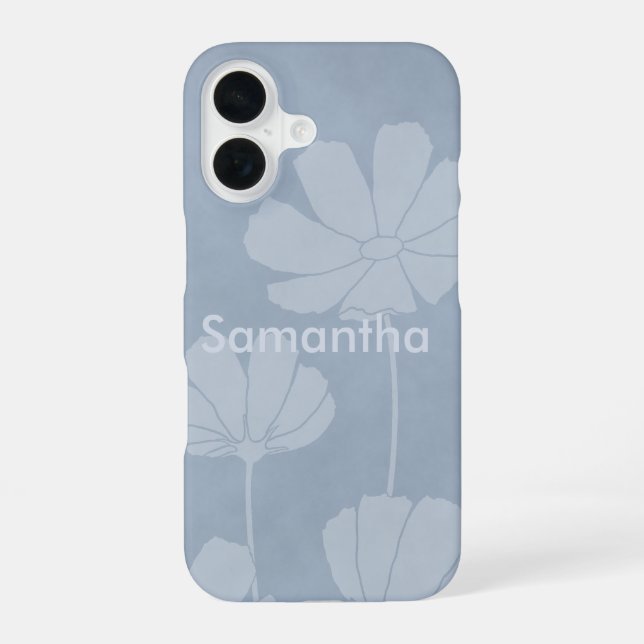 Funda Para iPhone 16 Silhouette de flores cosmales sobre azul pálido (Reverso )