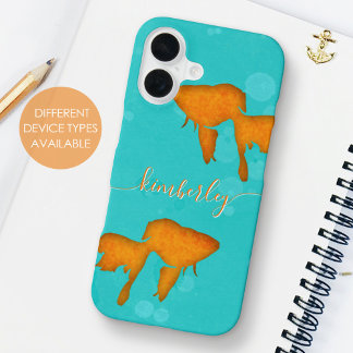Funda Para iPhone 16 Siluetas de pez dorado naranja Agua turquesa Nombr