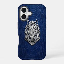 Funda Para iPhone 16 Silver Chrome Geometric Horse Blue Python iPhone