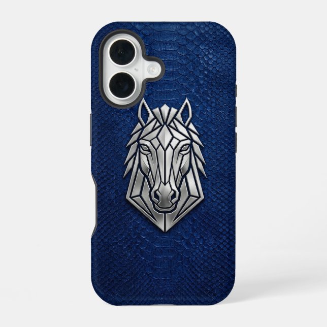 Funda Para iPhone 16 Silver Chrome Geometric Horse Blue Python iPhone (Reverso )