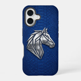 Funda Para iPhone 16 Silver Chrome Geometric Horse Blue Python iPhone