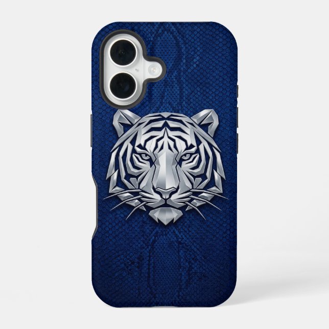 Funda Para iPhone 16 Silver Chrome Geometric Tiger Blue Python iPhone  (Reverso )