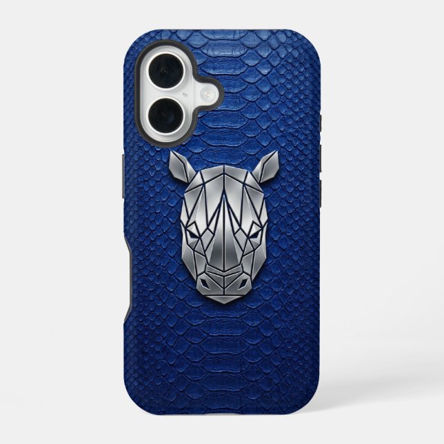 Funda Para iPhone 16 Silver Chrome Geométrico Rinoceronte Azul Python i (Reverso )
