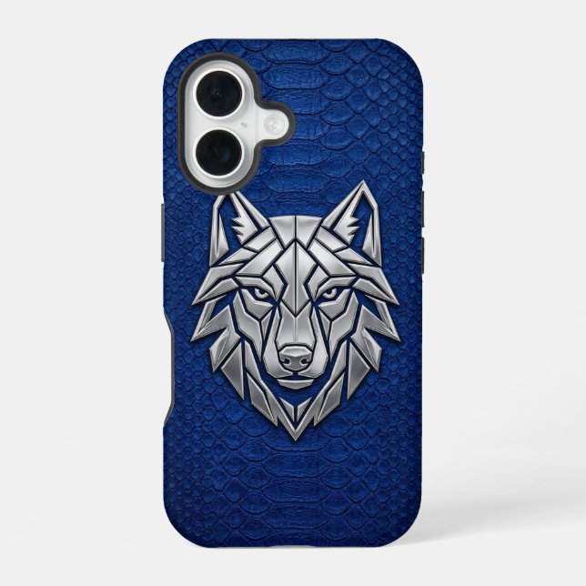 Funda Para iPhone 16 Silver Geometric Wolf Blue Snakeskin iPhone (Reverso )