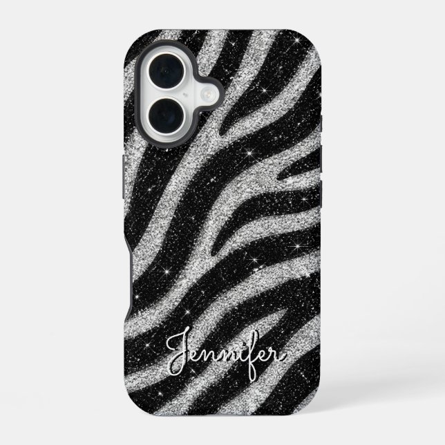 Funda Para iPhone 16 Silver Glitter Zebra Print Glam Personalized Name (Reverso )
