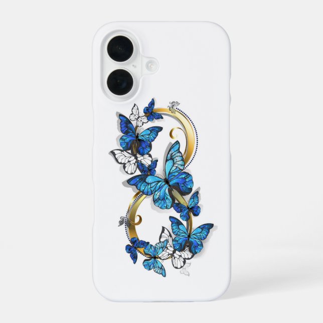 Funda Para iPhone 16 Símbolo infinito de mariposas Morpho azules (Reverso )