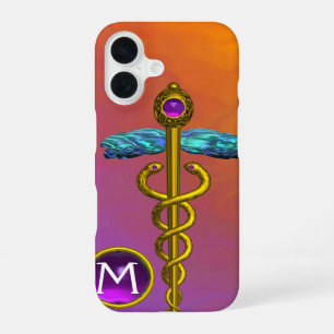 Funda Para iPhone 16 Símbolo médico caduceo de oro con monograma de gem