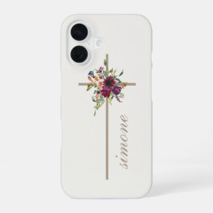 Funda Para iPhone 16 Simple Cross Burgundy Floral Nombre Personalizado
