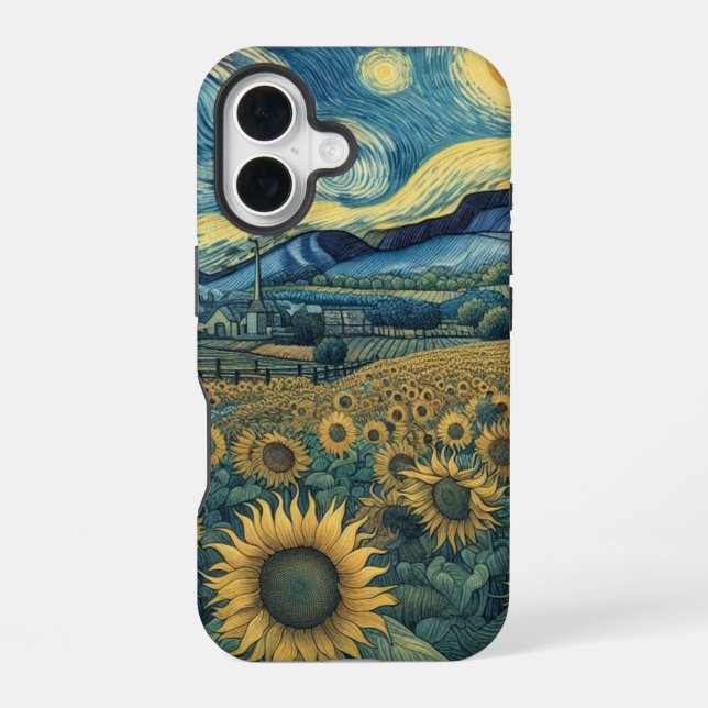 Funda Para iPhone 16 Sunflower Meadow in the Starry Night (Reverso )