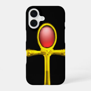 Funda Para iPhone 16 TALISMÁN ROJO /ANKH EGIPCIO DE ORO Negro