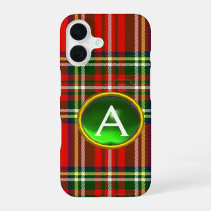 FUNDA PARA iPhone 16 TARTÁN ESCOCÉS ROJO Y MONOGRAMA DE PIEDRA PRECIOSA