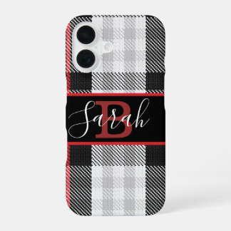 Funda Para iPhone 16 Tartán negro y gris tipo de letra rojo controlado