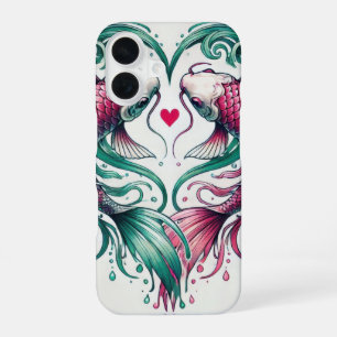 Funda Para iPhone 16 Tatuaje de koi corazón de amor rosa y azul orienta