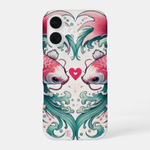 Funda Para iPhone 16 Tatuaje de koi corazón de amor rosa y azul orienta