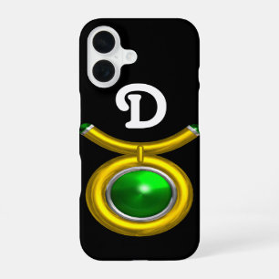 FUNDA PARA iPhone 16 TAURO /ORO,ESMERALDA VERDE JOYA ZODIACO MONOGRAMA