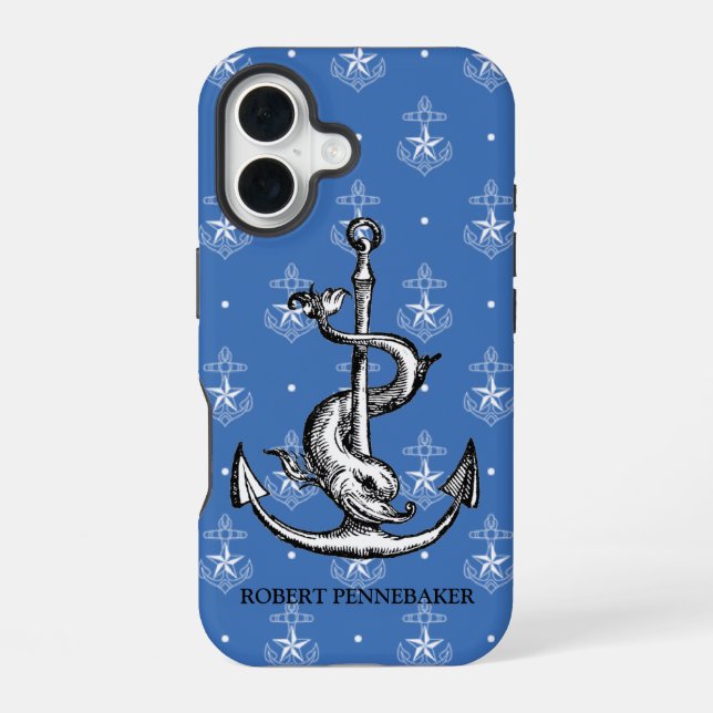 Funda Para iPhone 16 Tema Náutico de Ancla y Delfín (Reverso )