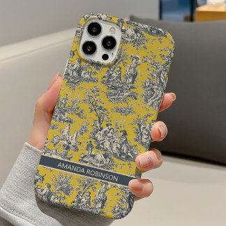 Funda Para iPhone 16 Toile de Jouy vintage floral mostaza amarilla