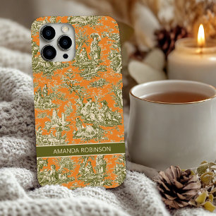 Funda Para iPhone 16 Toile de Jouy vintage floral oliva naranja