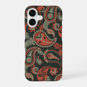 Funda Para iPhone 16 Tradicional Paisley Linocut Naranja cálido Mint Gr
