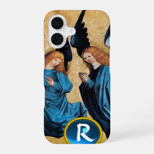 FUNDA PARA iPhone 16 TRES ÁNGELES DE NAVIDAD EN MONOGRAMA DE GEMA AZUL