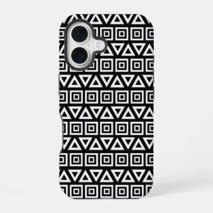 Funda Para iPhone 16 Triángulos aztecos+Cuadrados Patrón blanco sobre n
