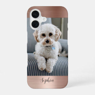 Funda Para iPhone 16 Tu foto, metal de rosa dorado falso y nombre en le