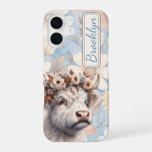 Funda Para iPhone 16 Vaca de las Tierras Altas Floral de Otoño