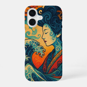 Funda Para iPhone 16 vector abstracto oriental Geisha olas Kanagawa