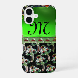 FUNDA PARA iPhone 16 VERDE NEGRO MONOGRAMA DE PIEDRA PRECIOSA ART NOUV