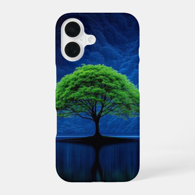Funda Para iPhone 16 Vibrante árbol verde en el teléfono de medianoche  (Reverso )