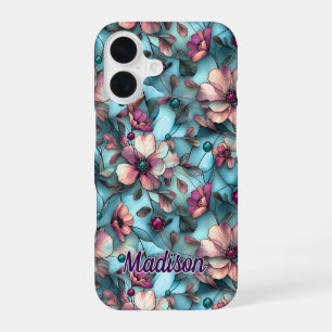 Funda Para iPhone 16 Vibrante mosaico floral de vidrio emplomado azul p