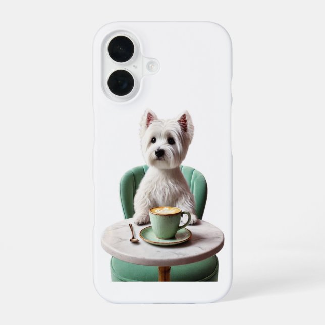 Funda para iPhone 16 - Westie tomando un latte (Reverso )