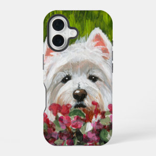 Funda Para iPhone 16 Westie y flores rosadas