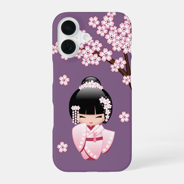 Funda Para iPhone 16 White Kimono Kokeshi Doll Cute Geisha Girl Purple (Reverso )