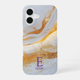 Funda Para iPhone 16 White marble chic gold glitter monogram